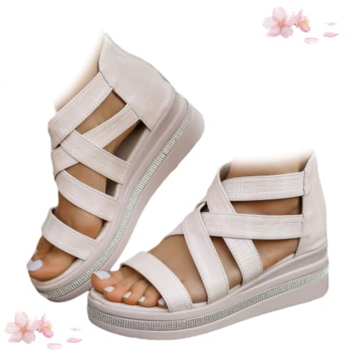 WINDEHAO Sandali con zeppa con strass, sandali ortopedici da donna con supporto per arco plantare, sandali estivi con zeppa gladiatore, Albicocca, 44 EU