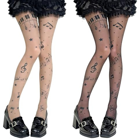 YcaeyLnaR Twee Music Symbol Sheer Tights - 2 Pack Black and Nude, Lightweight Piano Tights with Music Notes, Y2K Grunge Patterned Funky Leggings, Club and Bar Style for Women