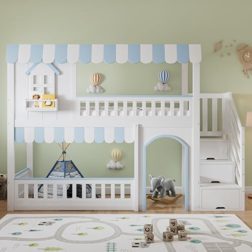 Sweiko Lits superposés pour Enfants 90 x 200 cm, lit Mezzanine en Bois Massif avec escalier de Rangement et barrières de sécurité, décor en Forme de Porte, sans Matelas