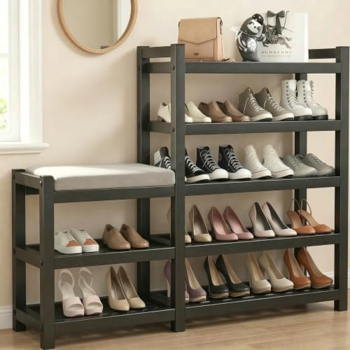 Shoe Storage Bench，Shoe Rack，Shoe Bench, 5 Tier Shoe Organizer Shelf，Shoe Rack with Padded Seat, Shoe Storage Shelves ,120 x 77 x 25 cm，Can hold 24 pairs of shoes，Metal material, sturdy and durable