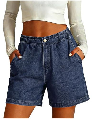 Pantalones Cortos Elástico Mujer Vaqueros Pierna Ancha con Cintura Alta Verano Casual Denim Shorts Talla Grande Pantalon Corto Vaquero Elegantes Comodos Bermudas Jeans Retro Original