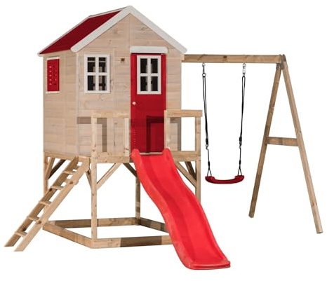 Wendi Toys M24 Stelzenhaus Kinder Outdoor mit Rutsche und Schaukel, 330 x 350 x 242 cm, FSC Holz, Klettergerüst Outdoor für Kinder 3-7 Jahre, Spielturm mit Rutsche