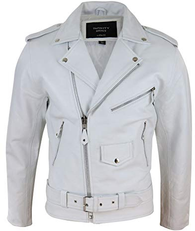 TruClothing Mens Real Leather Biker Jacket Cross Zip Brando White Hide Grease Classic - white xl