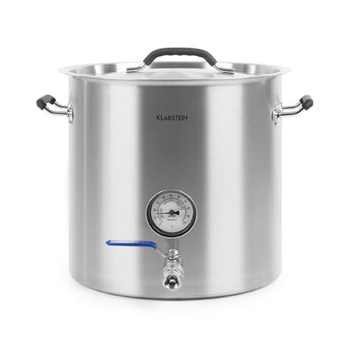 Klarstein Brauheld Pur - Mash Kettle, Beer Brewing System, Integrated Thermometer, 0.7 mm Wall Thickness, 3 mm Thick Sandwich Base Suitable for Induction Hobs, 1/2 Drain Tap, Silver, 35 litres