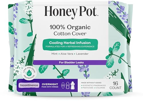 The Honey Pot Company, Herbal-Infused Cotton Pads with Wings, Organic Incontinence Overnight, 16 Count