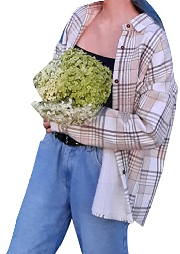 Minetom Chemises Femme Automne Hiver Blouses à Carreaux Manches Longues Flanelle Chemise Chaud Velours Veste Manteau A Beige L