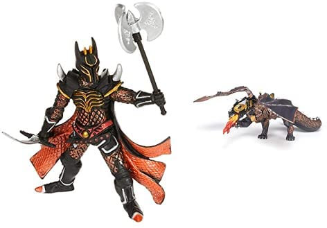 Papo-Lot de 2 Figurines - Collection Médieval - Fantastique - Dragon des ténèbres + Chevalier Triple Hache