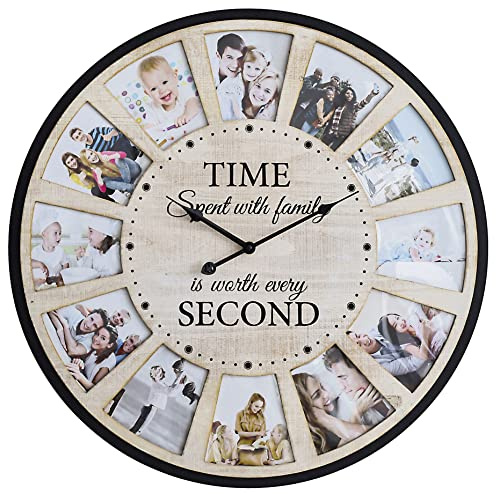 Reloj de pared de madera rústica con collage de 12 fotos, reloj de pared grande de gran tamaño para el hogar, cocina, sala de estar, funciona con pilas silenciosas, 25 pulgadas, color natural