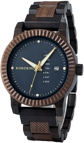 BOBO BIRD Mens Wooden Watch Analog Quartz with Week Display Lightweight Handmade Wood Wrist Watch for Men (Blue)