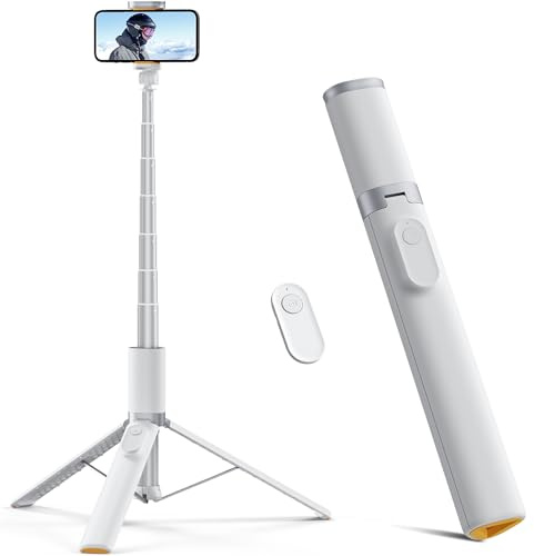 TODI 63 Phone Tripod, Extendable Selfie Stick with Wireless Remote and Phone Holder, Portable All-in-1 Cell Phone Tripod Stand for Video Recording, Compatible with iPhone/Android (White)