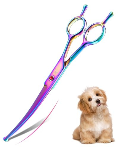 DRGSKL Gebogene Hundehaarschere Professionelle Sichere Runde Spitzen Haustier Fellschere Pflegeschere für Hund Katze Japanischer Edelstahl 440C Regenbogen