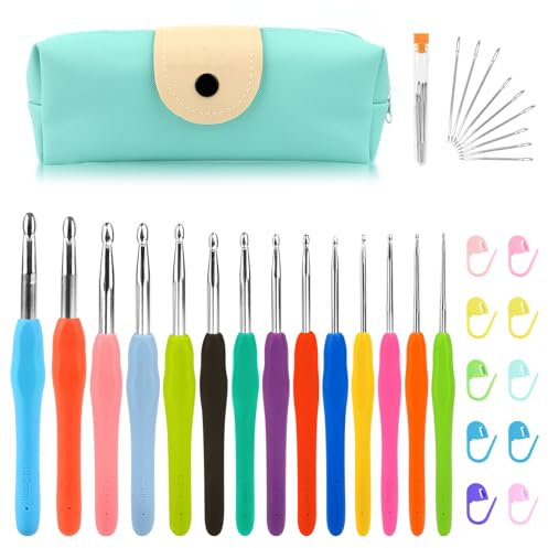 VFANDV Häkelnadel Set, Häkelnadel Mit Ergonomischem Softgriff Häkeln Stricken Nadeln Kit mit Tragbaren Tasche Häkelset für Anfänger und Profis Maschenmarkierern (14)