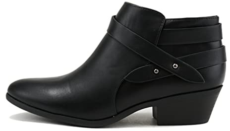 Soda SWEETEN Women's Fashion Closed Toe Multi Strap Ankle Bootie Block Heel (Black Pu, wide numeric_6_point_5)