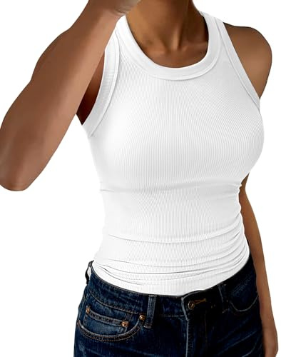 GKBK Womens Tank Tops High Neck Sleeveless Ribbed Tank Casual Basic Thick Strap Slim Fitted Racerback Shirts Solid- White XXL