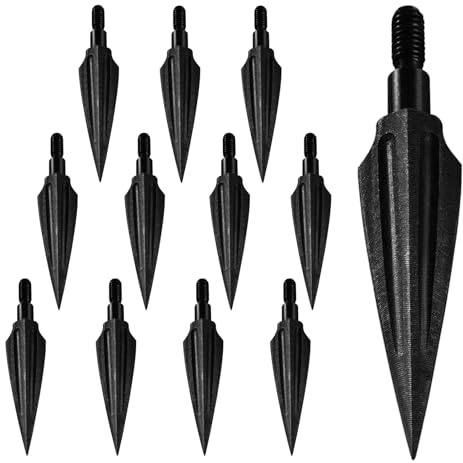 KURUGEILI 12 Pack 100/125/150 Grains Archery Traditional Broadheads Steel Points Screw-in Hunting Arrowheads Arrow Tip for Compound, Recurve Bow & Crossbow