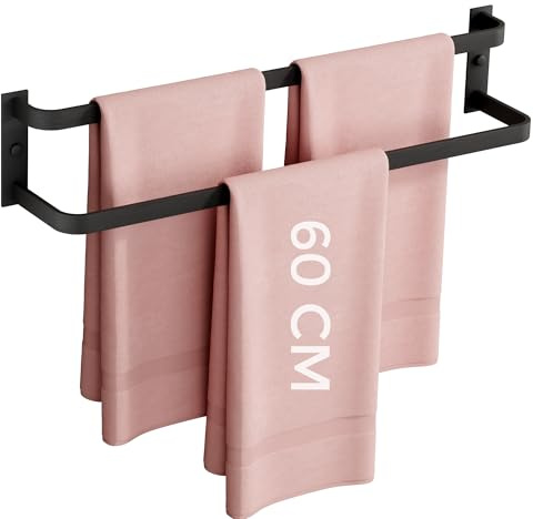 SAYAYO Double Towel Rail Black Towel Holder Wall Mounted, 60CM Two-tier Bathroom Towel Rack for Home Use, Kitchen, Laundry Room, Waterproof & Corrosion-Resistant