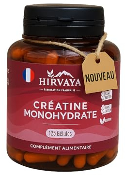 Créatine Monohydrate 3000 mg – 125 Gélules Vegan | Force Musculaire, Endurance & Prise de Masse | 100% Pure | Sans Gluten/Lactose | Fabriqué en France - Hirvaya