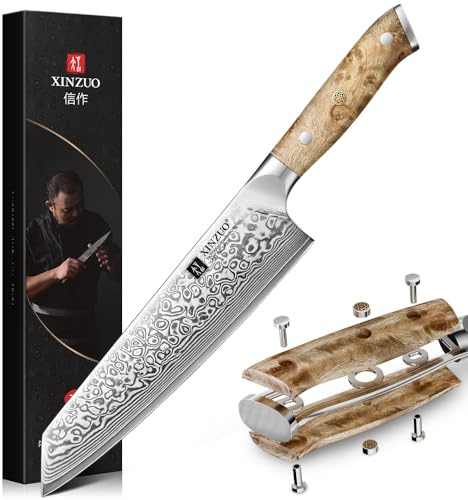 XINZUO Acero de Damasco 21cm Cuchillo de Cocinero Kiritsuke-Afilado y Durabilidad Cuchillo Chef de Cocina-Cortes Rápidos para Carne, Pescado, Frutas y Verduras -Mango de Figured Sycamore Wood