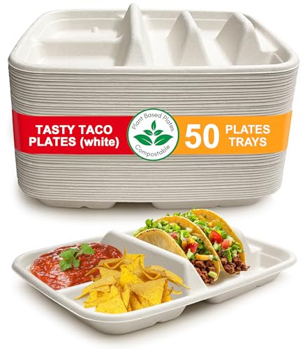 White Disposable Taco Plates for 2 Tacos & 2 Sides – 50 PACK | Premium Paper Plates with Dividers, Fiesta Taco Holder, Taco Stand for Taco Tuesday & Taco Bar Serving Set (White, 50 plates)