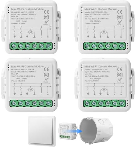 4 st. WiFi-smart kopplingsmodul, WIFI smart inbyggd strömbrytare rullgardinsswitch, modul med körtidsinställning för gardiner persienner, markiser, kompatibel Google Home/Smart Life/Tuya App, vit