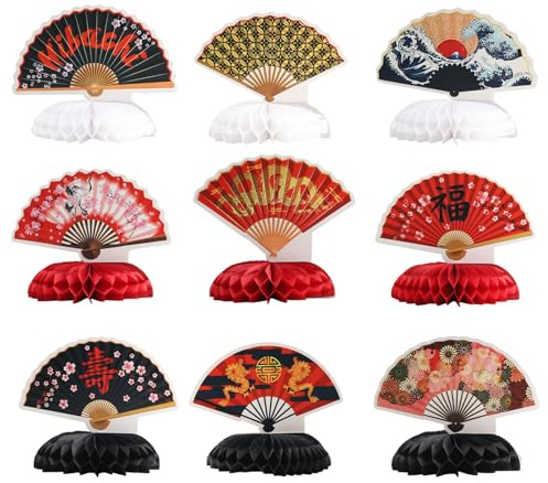 Bubaxuce Decoración De Cumpleaños - 9 Piezas De Adornos para Fiesta Japonesa Estilo Oriental Abanicos De Papel Colmenas Decoración De Mesa Fiesta De Bebé Asiática Boda CE