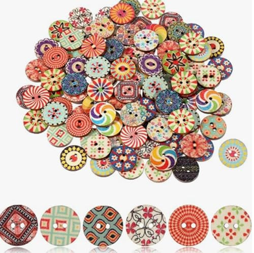 100Pcs Mixed Vintage Wooden Buttons, 15mm Round Wooden Buttons, Printed 2 Holes Wooden-Button Mixed Color, Mixed-Wooden Flower Buttons for Sewing DIY Crafts Decorative