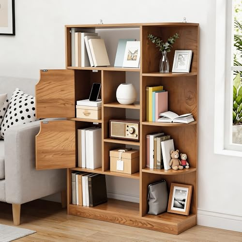 YITAHOME Freestanding Bookcase, Display Shelf with with 9 Open Shelves and 2 Doors Side Cabinet for Living Room, Bedroom, Office, Oak Color, 80W × 24D × 120H CM