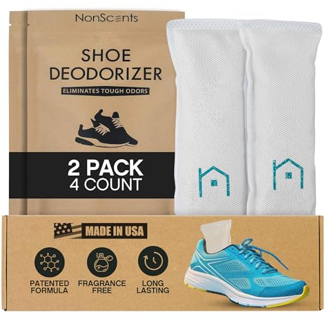 NonScents Shoe Deodorizer 2-Pack (4 Count) - Odor Eliminator, Air Freshener, Smell Absorber, Scent Remover for Shoes, Gym Bags, Soccer Cleats, Closets, Pet Area, Reusable - Shoe Deodorant