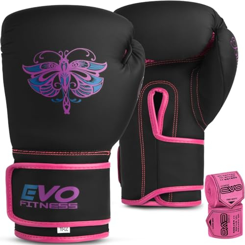 EVO Fitness Ladies Matte Pink Boxing Gloves Punch Bag Women MMA Muay Thai Martial Arts Kick Boxing Girls Sparring Training Fighting Gloves With Hand Wraps (Pink, 10 OZ)