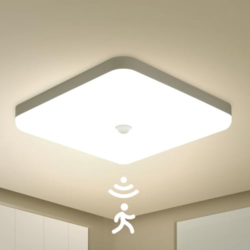 Combuh 25 cm Plafoniera Led con Sensore di Movimento Interno, 30W Lampada Soffitto Quadrata, Bianco Neutro 4000K Plafoniere Rilevatore, IP56 Impermeabile, per Corridoio Garage