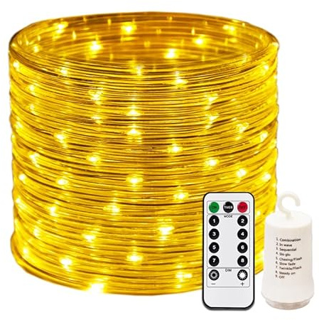 RcStarry Outdoor Rope/Wire Lights Warm White, 20M/66Ft 8 Modes Battery Operated Dia 3MM Rope Lights Outdoor Waterproof Fairy Lights with Remote Control for Tree Bedroom Christmas Garden Decoration