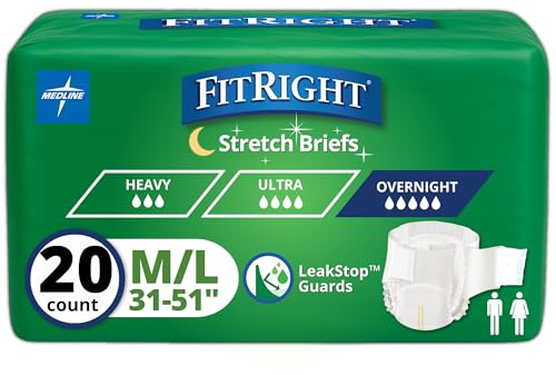 Medline FitRight Extended Wear Stretch Briefs, Overnight Adult Diapers with Tabs, Size 1 (Bag of 20)