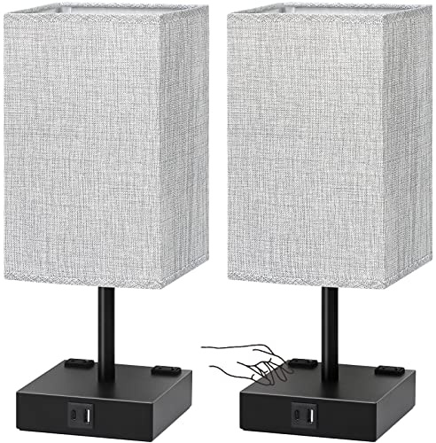 Bedside Table Lamps Set of 2 - Touch Nightstand Lamp for Bedroom with USB C+A Charging Ports & AC Outlets, 3-Way Dimmable Desk Lamp Grey Fabric Shade for Bedroom Living Room, Office(Bulb Included)