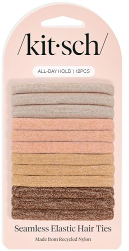 Kitsch Neutral Hair Ties 12pcs No Damage - Hair Bands for women - Strong Stretchy Hairbands & Hair Bobbles - Soft Nylon Hair Elastics, Snag-Free Rubber Bands for Updos & Braids