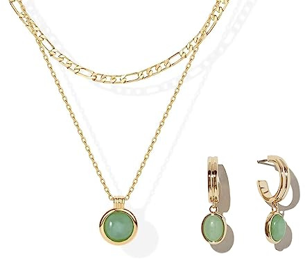 DISTANT DRUMS 2PCS Simple Natural Green Stone Jewelry Set for Women,Gold Hoop Earrings and Layered Necklace with Aventurine Pendant Spiritual Gift for Her (Layered 2pcs Set)