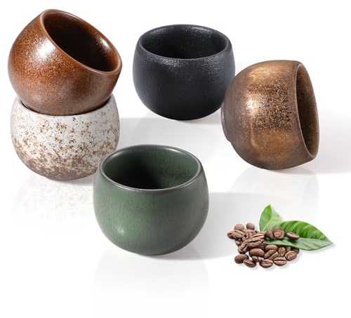 ecooe Lot de 5 tasses à expresso à paroi épaisse en faïence 50 ml Fabriquées à la main En porcelaine, Idéal pour expresso moka, Cadeau pour femmes, hommes, meilleure amie, cadeaux de Noël