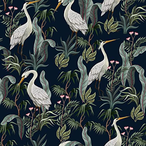 ReWallpaper 44,5CM X 7M tapet mörkgrön möbelfolie grön tapet självhäftande vintage sovrum tapet idéer självhäftande folie möbelmönster fåglar blommig tapet mörkblå dekorativ folie möbelfolie