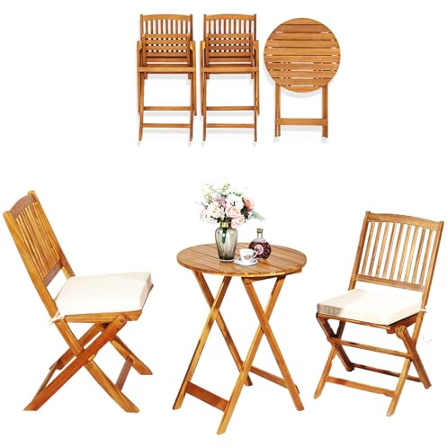 LIFEZEAL Set da Bistrò per Balcone Pieghevole, Set di Mobili da Esterno, 3 Pezzi, Set Tavolo e Sedie da Giardino con Cuscino Imbottito in Legno di Acacia, Tavolo Portato 80kg, Sedie Portate 160kg