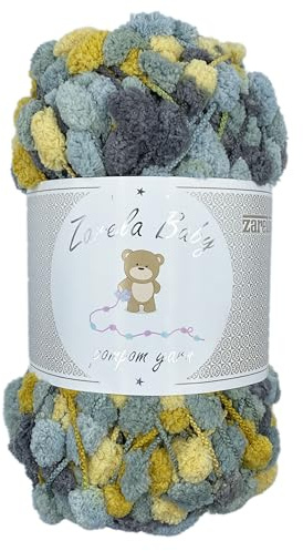 Zarela Baby Pom Pom Yarn Wool (52 Mustard-Teal-Charcoal)
