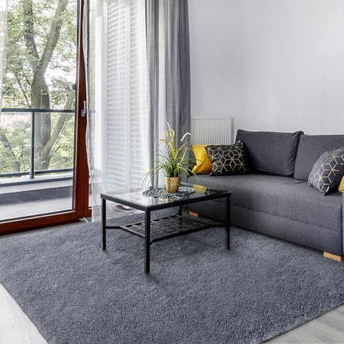 SOANNY Living Room Area Rug, 120x170 cm Luxury Soft Fluffy Shaggy Carpet for Bedroom Dorm Nursery Bedside Kids Room Lounge Office, Non-Slip, Washable Throw Rug for Home Decor, Grey