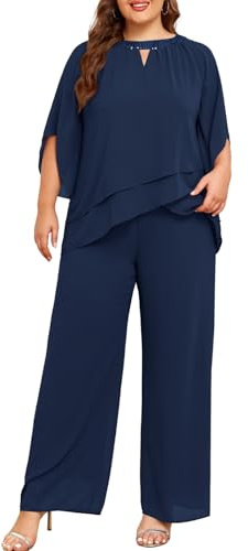 Hanna Nikole 2pc Cocktail Pantsuits for Women Party Evening Plus Size Chiffon Pantsuit Navy Blue 20 Plus