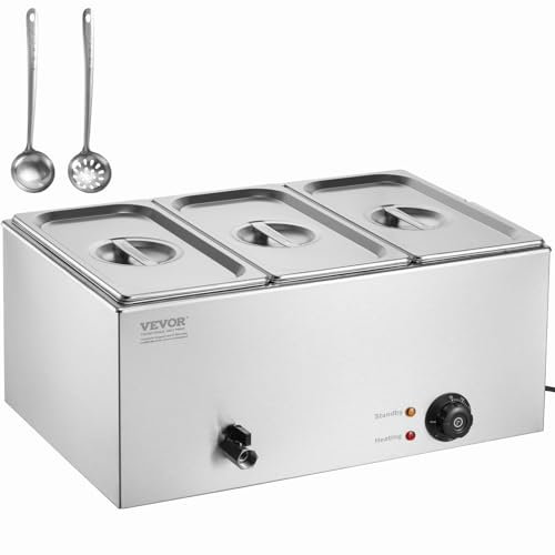 VEVOR Calentador de Alimentos Comercial de 3 Sartenes, 16,5 L, 1200 W, Encimera Profesional de Acero Inoxidable, Control Temperatura de 30-85 °C para Catering y Restaurantes, Plata, 540 x 360 x 250 mm