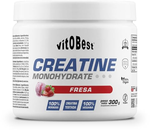 VITOBEST | Creatina Monohidrato | Mejora el rendimiento físico en series de ejercicios breves de alta intensidad (100% micronizada) | Sabor Fresa - 300 g