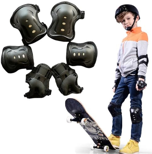 Knieschoner Kinder,6pcs Kinder Inliner Schoner Set,Knieschützer Ellenbogenschoner Handgelenkschoner,Schlittschuhe Kinder,Protektorenset für Inliner Skaten Roller Skateboard Rollschuhe, Schwarz