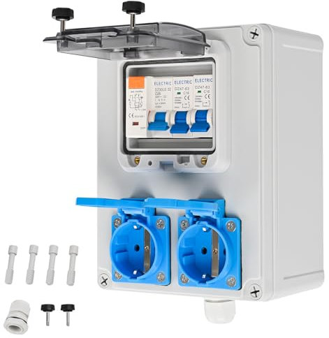 TEOV Répartiteur de courant de chantier mural avec 1P C16A disjoncteur et 2P 25 A FI, IP44, 2 prises Schuko 230 V, distributeur mural pour l'intérieur et l'extérieur
