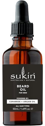 Sukin - Beard Oil - Natural Mens Beard Care - Contains Ceramides, Sweet Almond, Crambe, Argan Oil, Jojoba Oil and More - Hydrating and Strengthening for All Hair Types - 50ml