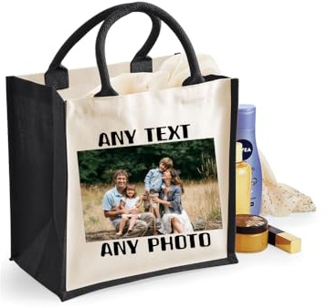 D&T Custom Jute Tote Bag – Add Text and Photo – Reusable Everyday Bag for Shopping, Travel, Errands, or Carrying Essentials