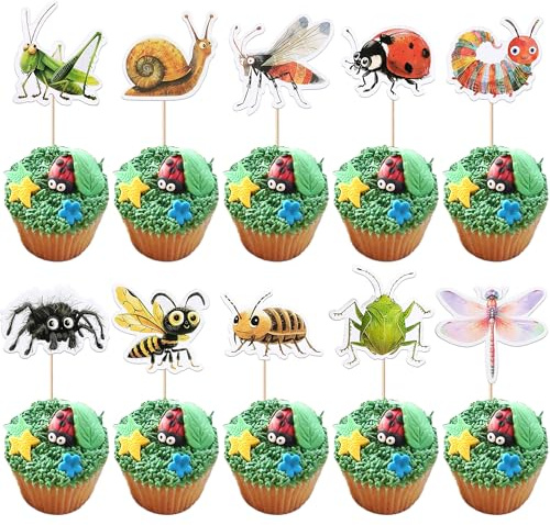 SYKYCTCY 40 Pack Insect Cupcake Toppers Ladybugs Spiders Snail Grasshoppers Dragonfly Caterpillar Bee Cupcake Picks Insects Party Decorations for Baby Shower Birthday Party Cake Decorations Supplies
