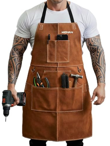 MIGVAN Grembiule da saldatura in pelle bovina – Grembiule ignifugo e resistente al calore con 10 tasche, regolabile taglia M-XXL per officina, saldatura, giardino e garage – 61x91 cm