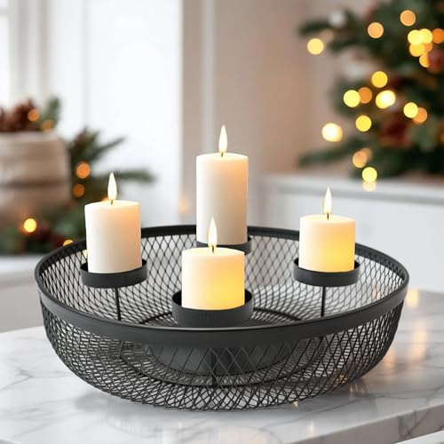 Corona dell'Avvento in metallo, colore nero, per 4 candele con cestello a griglia per decorazione, 34 cm, portacandele con 4 piatti di candela e cesto decorativo, ghirlanda di Natale, portacandele con